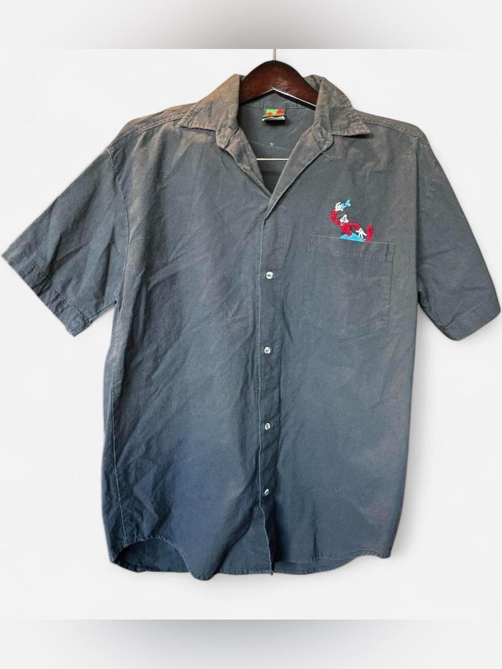 Vintage 90s Mickey Unlimited Goofy Pocket Button Down Shirt Black USA Made L